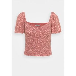 Abercrombie Fitch Smocked Puff Sleeve Square Neck Crop Top Dusty Rose White XS